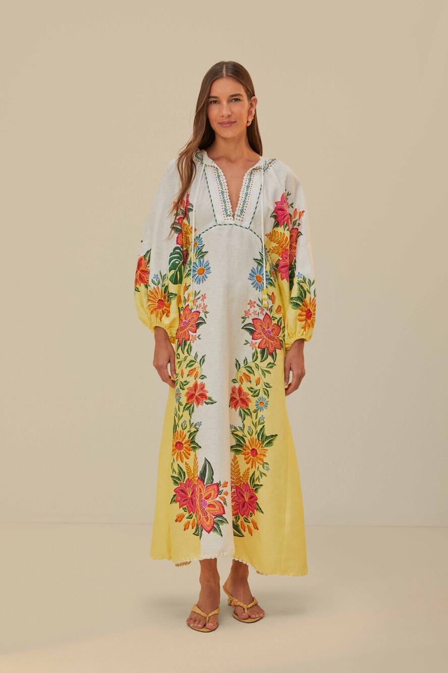 Farm Rio Bloom Garden floral linen maxi dress size large